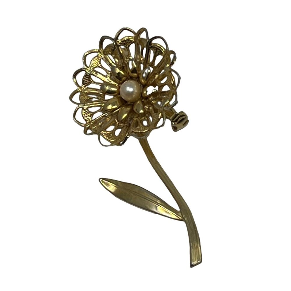 Vintage Brooch Flower Faux Pearl Center Open Filigree Metal Work Gold Tone Pin